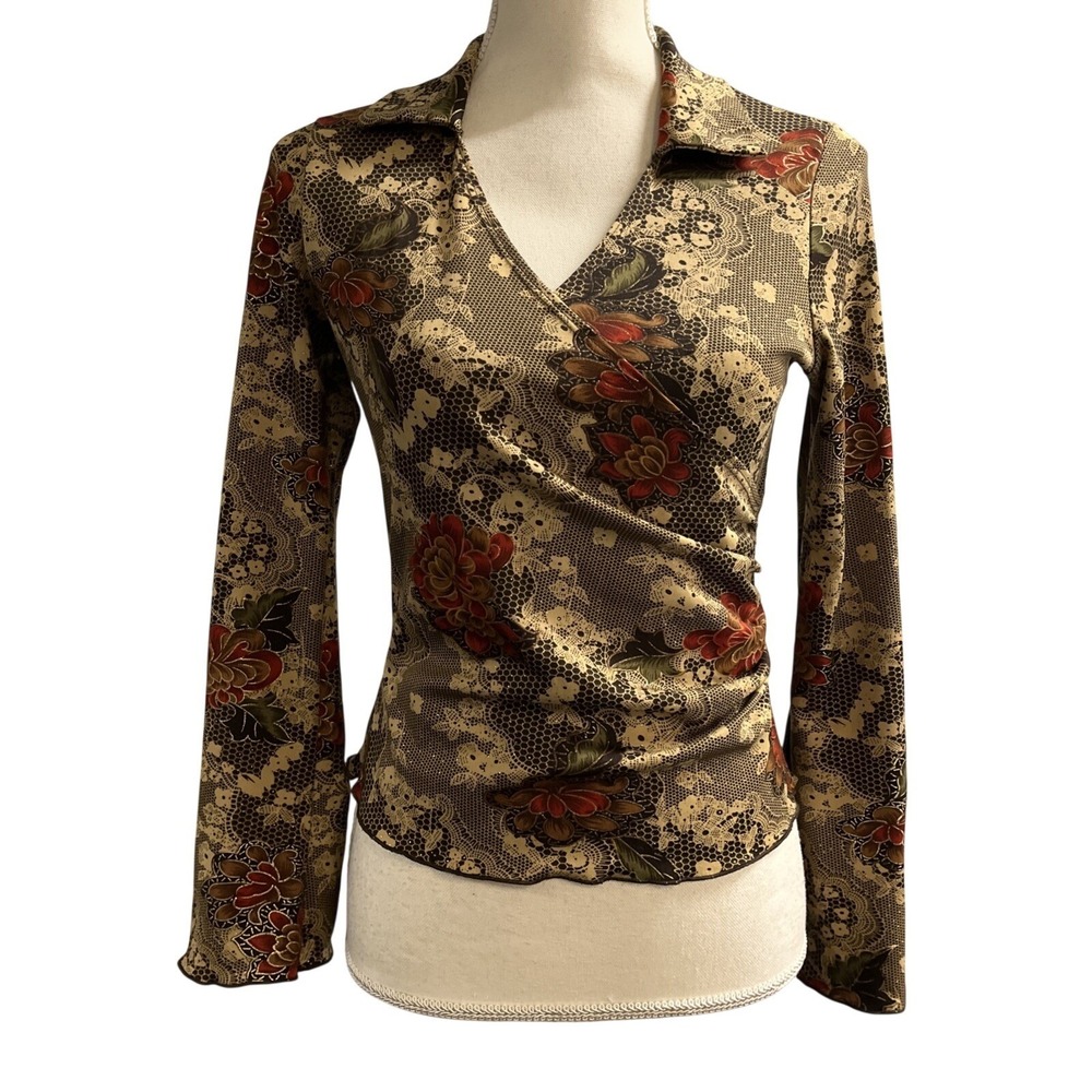 Vintage Beware Y2K Top Brown Metallic Floral Deep V Neck Size M‎ Coachella Boho